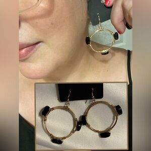 Gold Pendant Earrings with Black Stones
